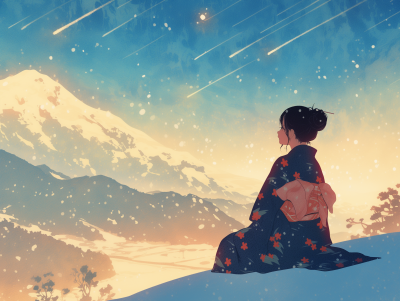 Girl Watching Meteor Over Mountains