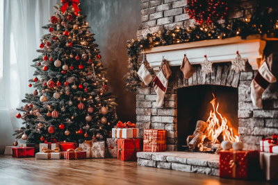 Christmas Tree by Fireplace