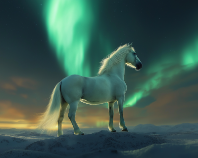 Majestic White Horse Under Aurora