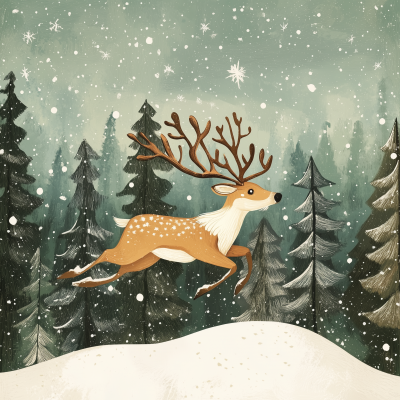 Flying Reindeer in a Snowy Forest