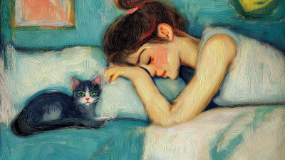 Girl in the Bedroom with Cat