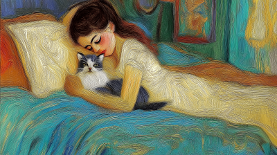 Girl in the Bedroom with Cat