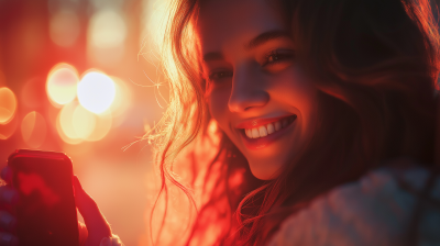 People Smiling with Phone in Bright Red Light