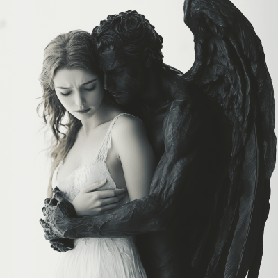 Crying Angel and Demon Embrace