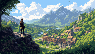 Adventurer Overlooking a Village