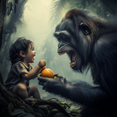 Ape and Boy in Jungle