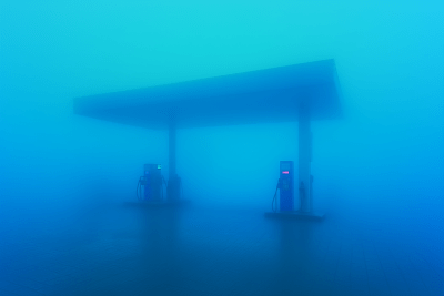 Mystical Gas Station in Fog