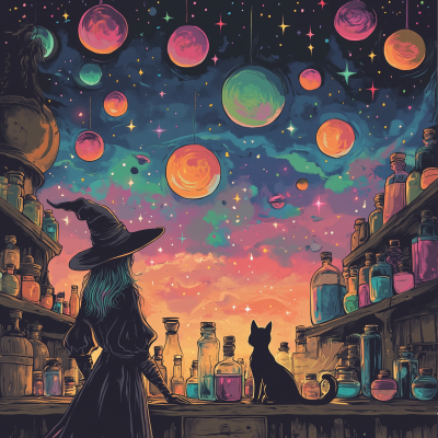 Witch and Cat Under Cosmic Sky