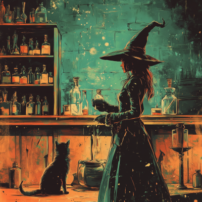 Witch and Cat in Potion Shop