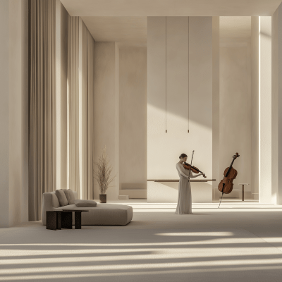 Dramatic Violinist in Minimal Living Room