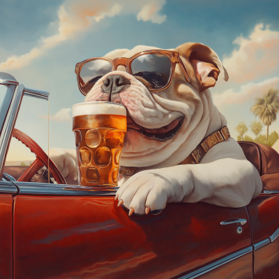 Bulldog in a Vintage Car