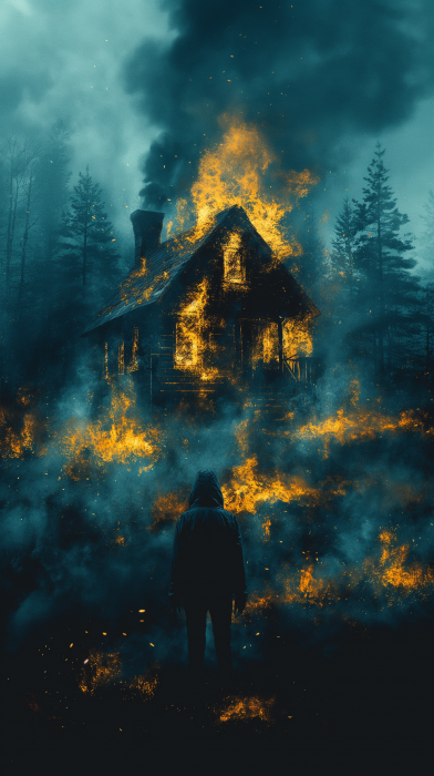 Burning Cabin in the Night