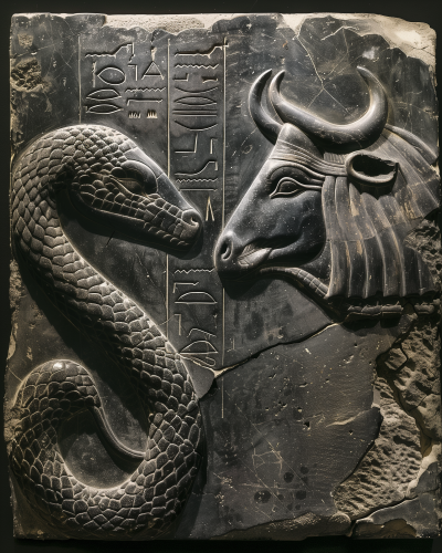 Egyptian Slate with Snake and Bull