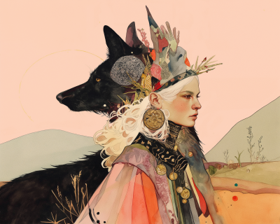 Surreal Portrait of a Young Woman and Giant Dog