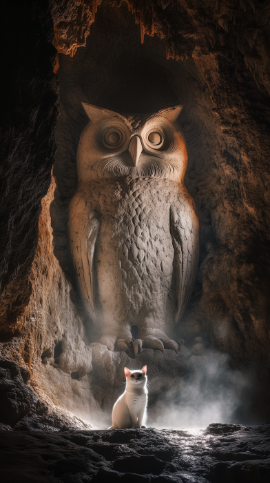 Ancient Cavern with Carved Owl