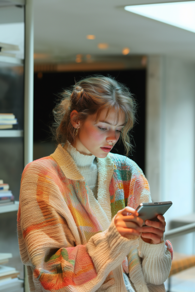 Woman Using iPad in Dramatic Lighting