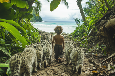 Boy Walking with Snow Leopards