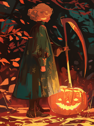 Girl with Scythe and Pumpkin