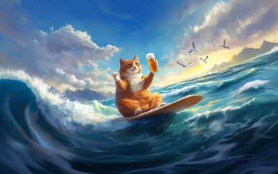 Colorful Cat on Surfboard