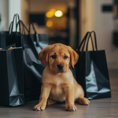 Sad Puppy in Shopping Bags