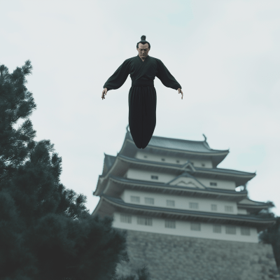 Man Flying beside Japanese Castle