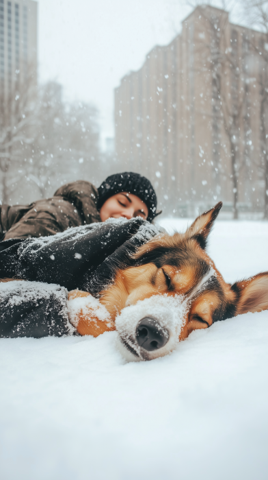 Dog and Owner in the Snow