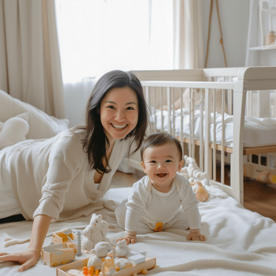 Smiling Mother and Baby in Minimalist Room