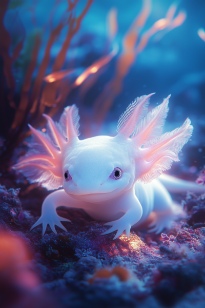 Glowing Axolotl in Fantasy Sea