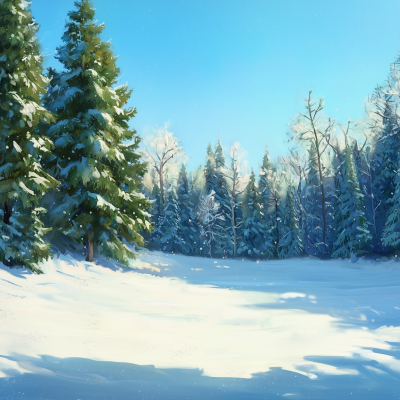 Sunny Snowy Field with Forest