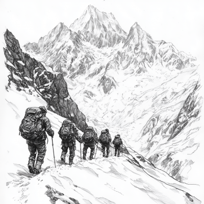 Explorers Trekking a Snowy Mountain