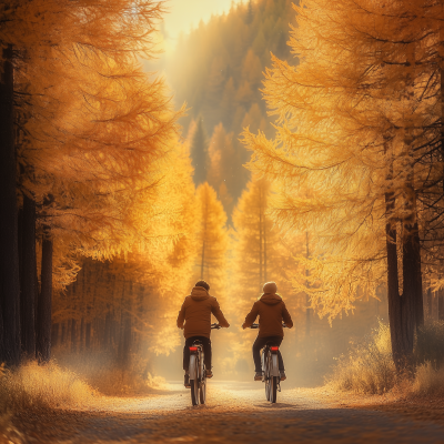 Couple Riding E-Bikes in Autumn