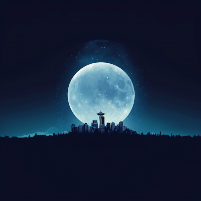 Seattle Skyline with Oversized Moon