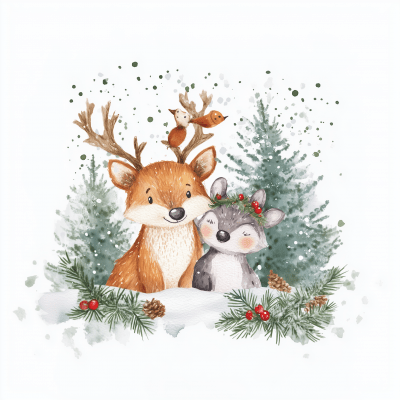 Watercolor Christmas Card with Animals