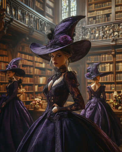 Haute Couture Witches in a Library