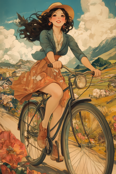 Girl Riding a Bike in Japanese Countryside