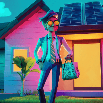 Energetic Man with Cash and Solar Panels