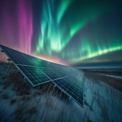 Solar Panels Under Northern Lights