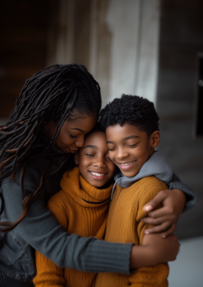 Mom and kids hugging