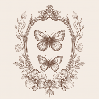 Luxury French Renaissance Flower Butterfly Illustration