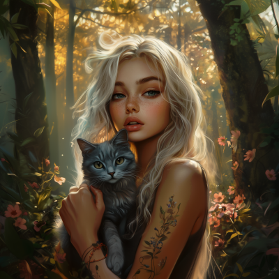 Blonde Girl with Cat in Nature