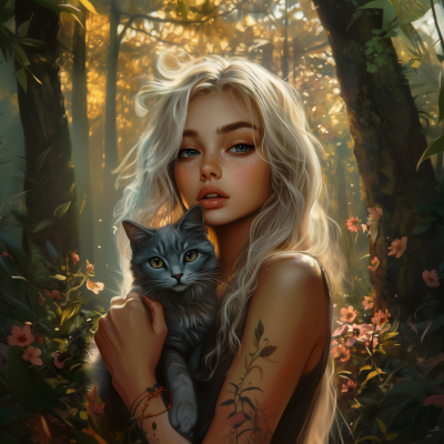 Girl with Cat in the Forest