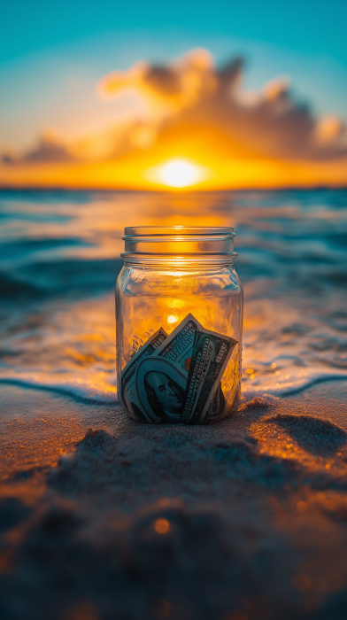 Golden Hour by the Ocean with a Jar of Savings