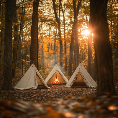 Tents in the Forest at Sunrise