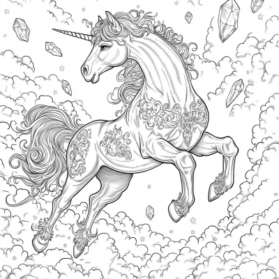 Majestic Unicorn with Clouds and Crystals