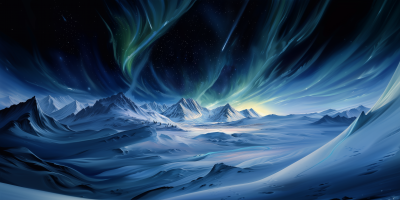 Northern Lights Over Snowy Mountains