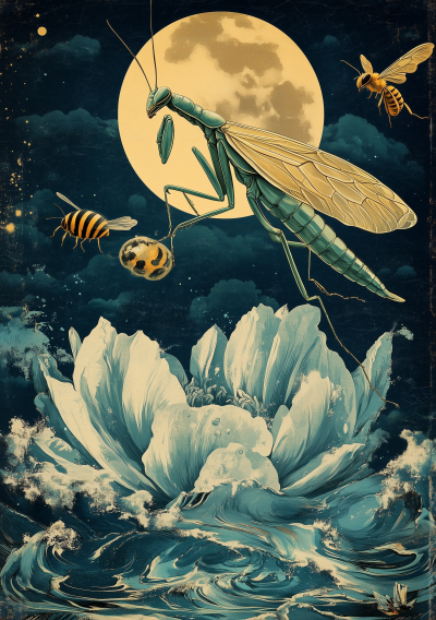 Mantis and Honeybee in Moonlight