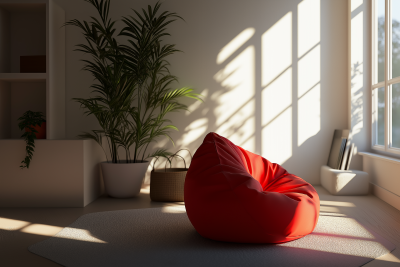 Serene Living Room with Red Bean Bag