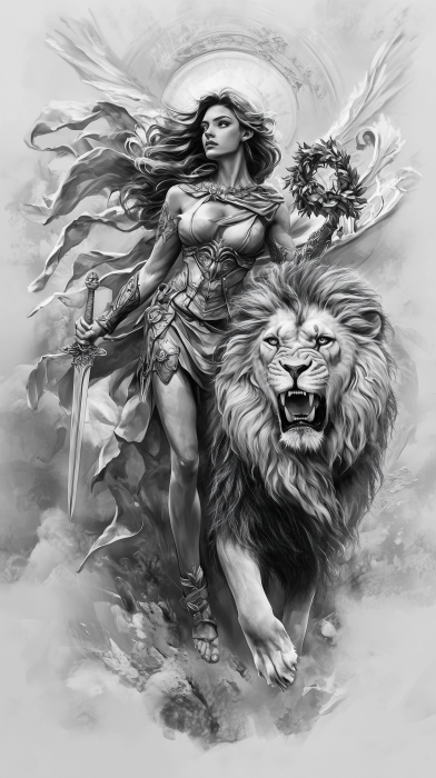 Heroic Woman and Lion Tattoo