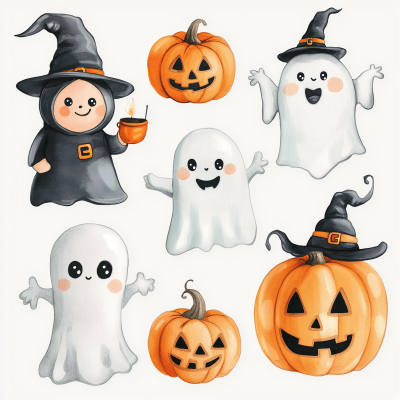 Watercolor Cute Halloween Clipart Bundle