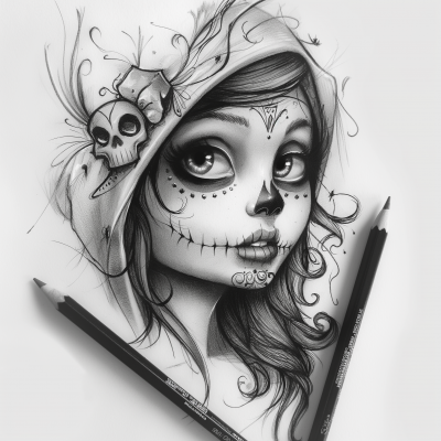 Cartoon Girl Sugar Skull Drawing